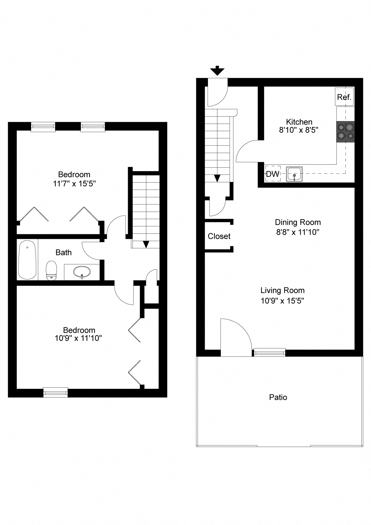 Floor plan for 2 beds, 1 bath, 1056 sqft